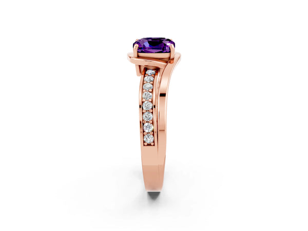 Rose gold Cushion Cut Amethyst Solitaire Ring with Split Shank and Prong Setting