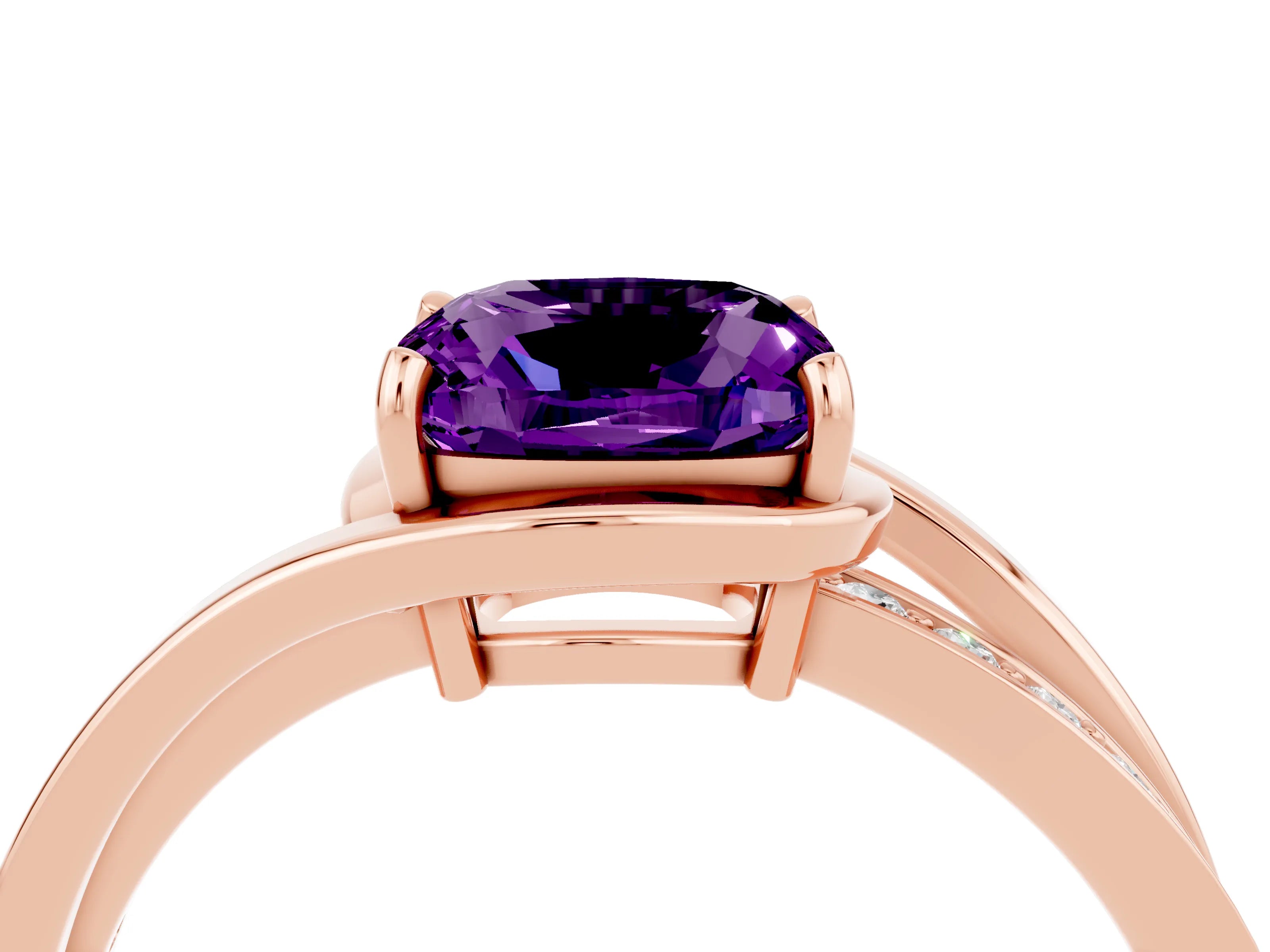 Rose gold Cushion Cut Amethyst Solitaire Ring with Split Shank and Prong Setting_4