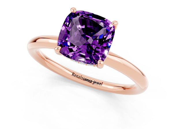 Rose gold Cushion Cut Amethyst Solitaire Ring with Thin Band and Four-Prong Setting
