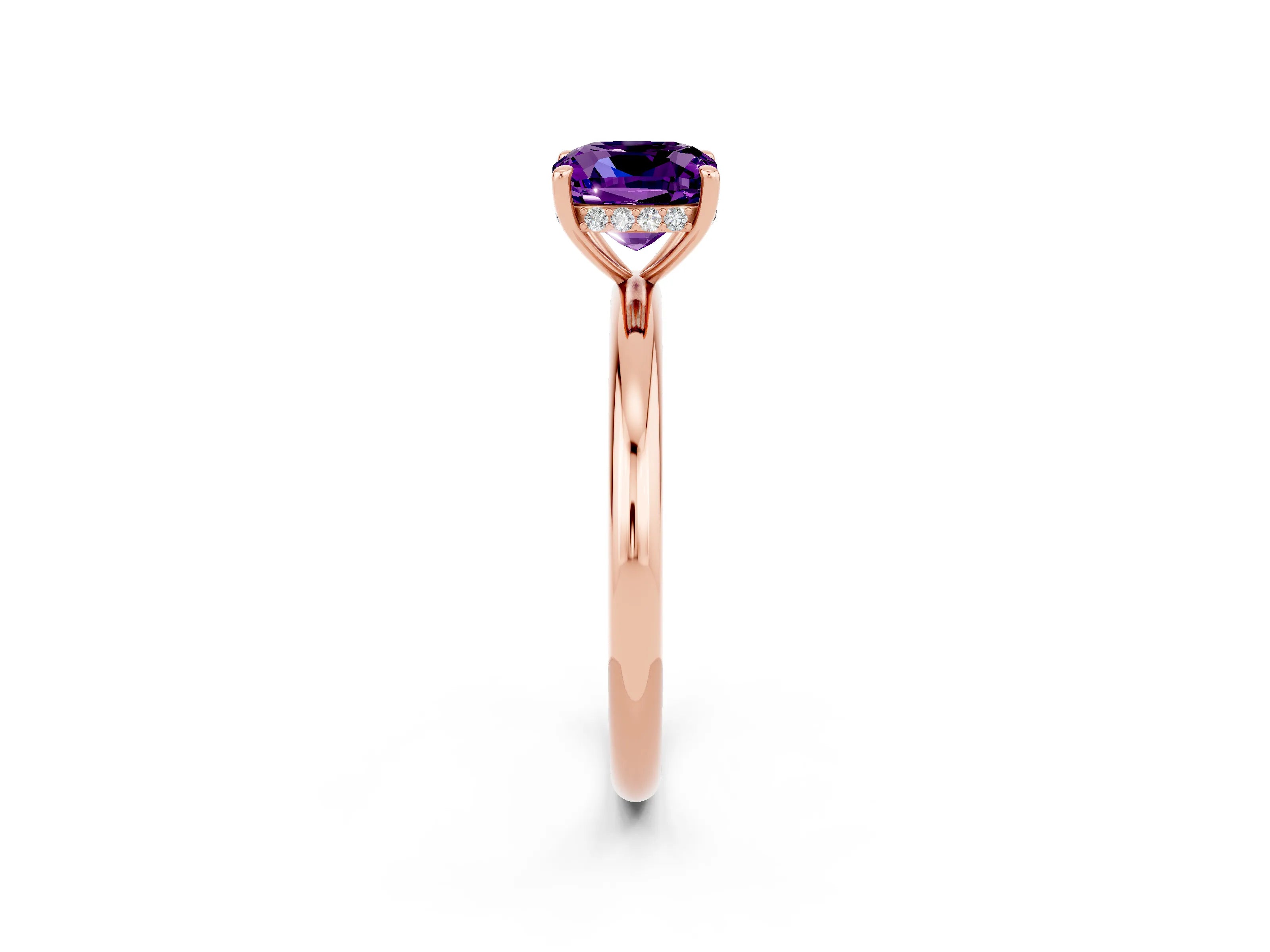 Rose gold Cushion Cut Amethyst Solitaire Ring with Thin Band and Four-Prong Setting_2