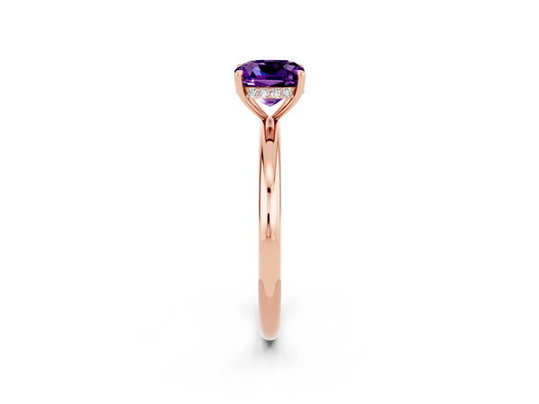 Rose gold Cushion Cut Amethyst Solitaire Ring with Thin Band and Four-Prong Setting