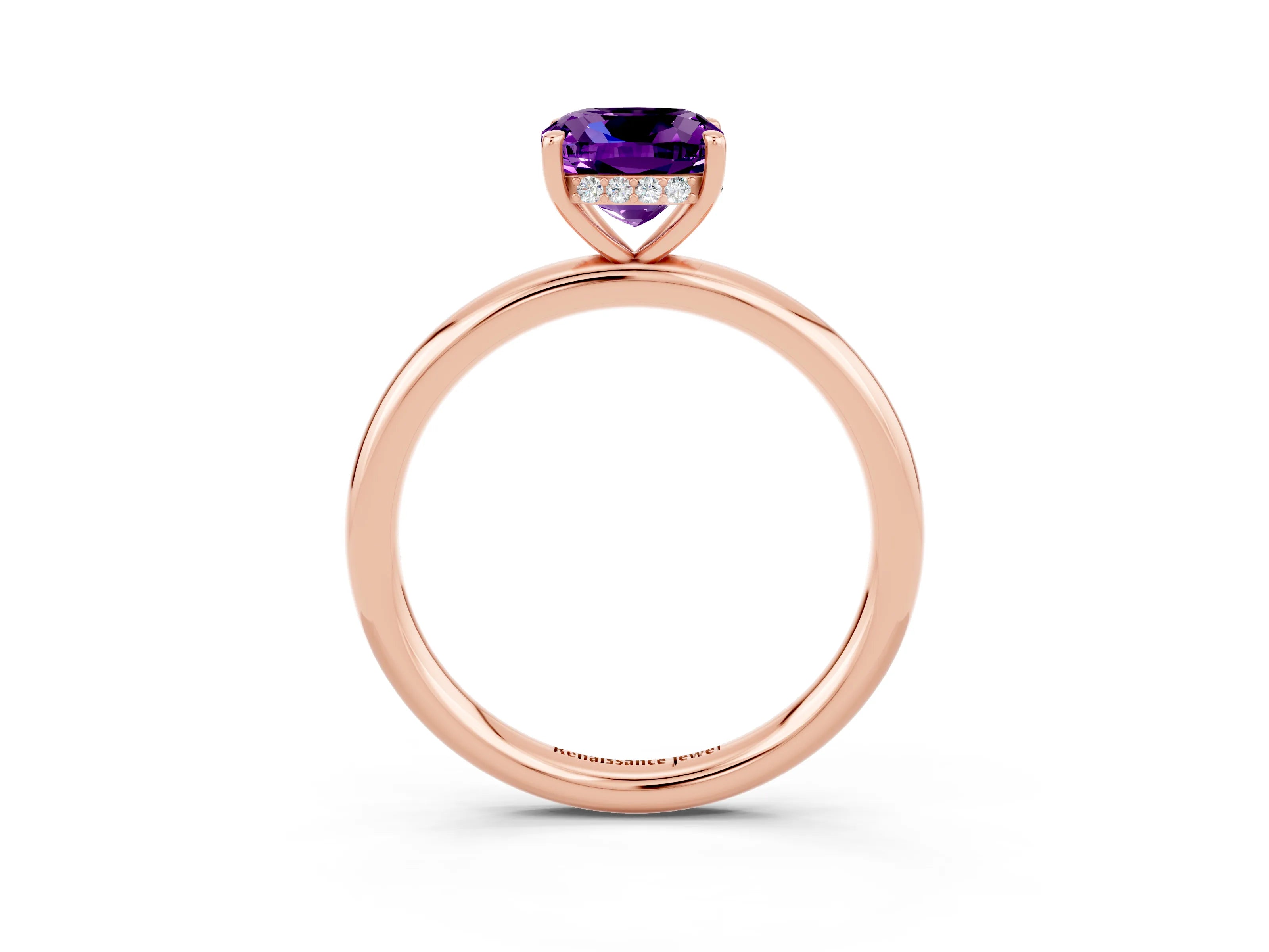Rose gold Cushion Cut Amethyst Solitaire Ring with Thin Band and Four-Prong Setting_3