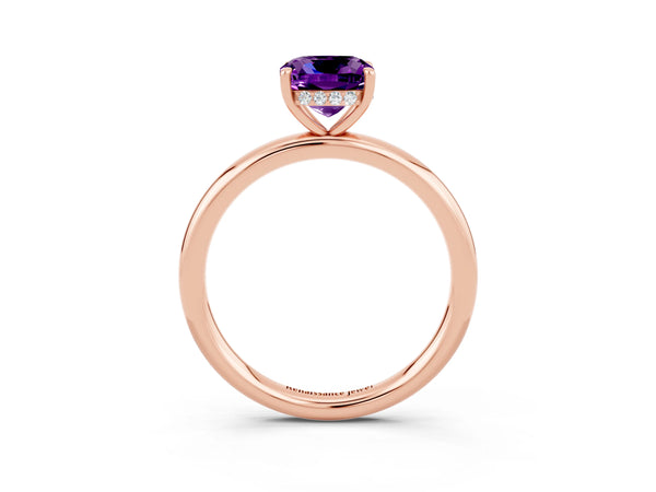 Rose gold Cushion Cut Amethyst Solitaire Ring with Thin Band and Four-Prong Setting