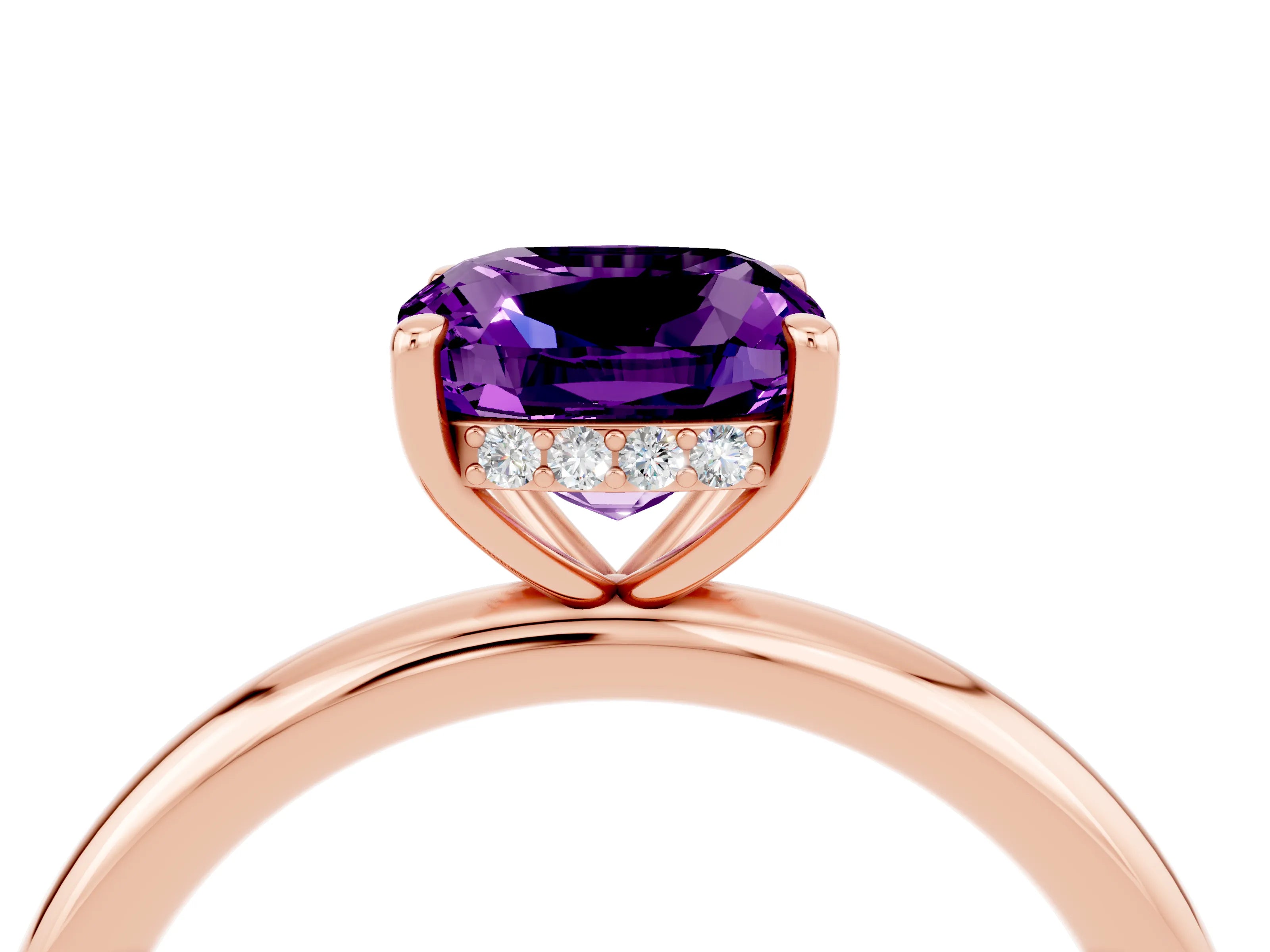 Rose gold Cushion Cut Amethyst Solitaire Ring with Thin Band and Four-Prong Setting_4