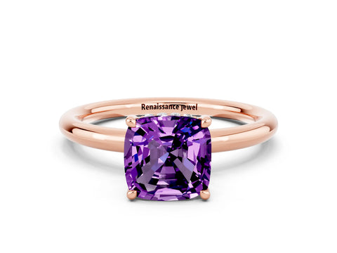 Rose gold Cushion Cut Amethyst Solitaire Ring with Thin Band and Four-Prong Setting