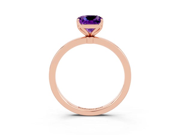 Rose gold Cushion Cut Amethyst Solitaire Ring with Thin Band and Prong Setting