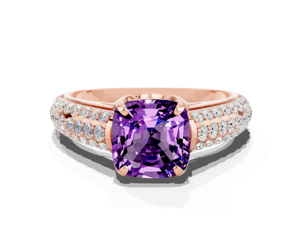 Rose gold Cushion Cut Amethyst Solitaire Ring with Three-Row Pavé Band and Four-Prong Setting