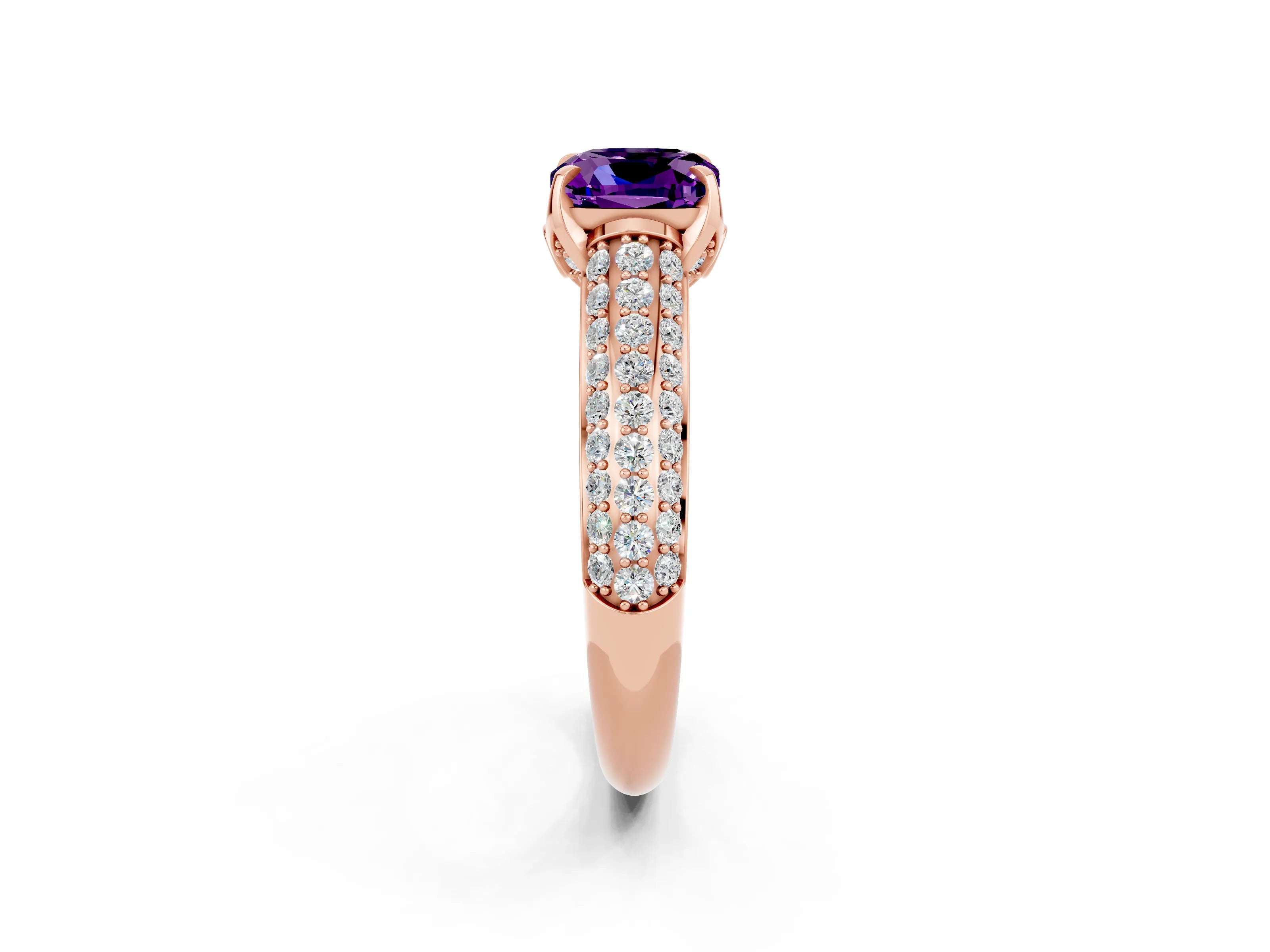 Rose gold Cushion Cut Amethyst Solitaire Ring with Three-Row Pavé Band and Four-Prong Setting_14