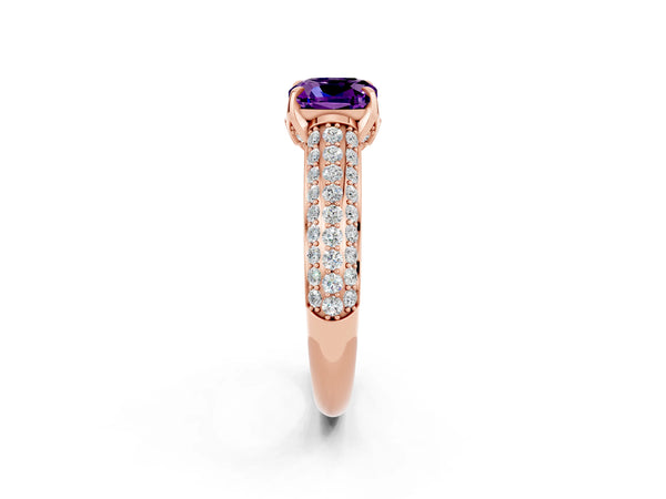 Rose gold Cushion Cut Amethyst Solitaire Ring with Three-Row Pavé Band and Four-Prong Setting