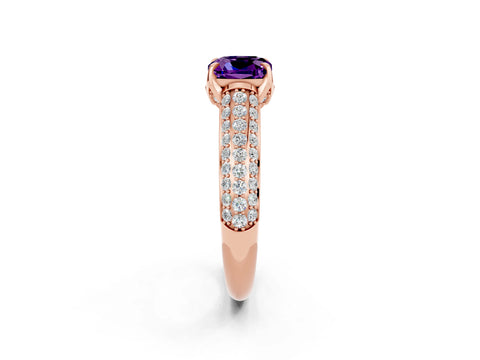 Rose gold Cushion Cut Amethyst Solitaire Ring with Three-Row Pavé Band and Four-Prong Setting_14