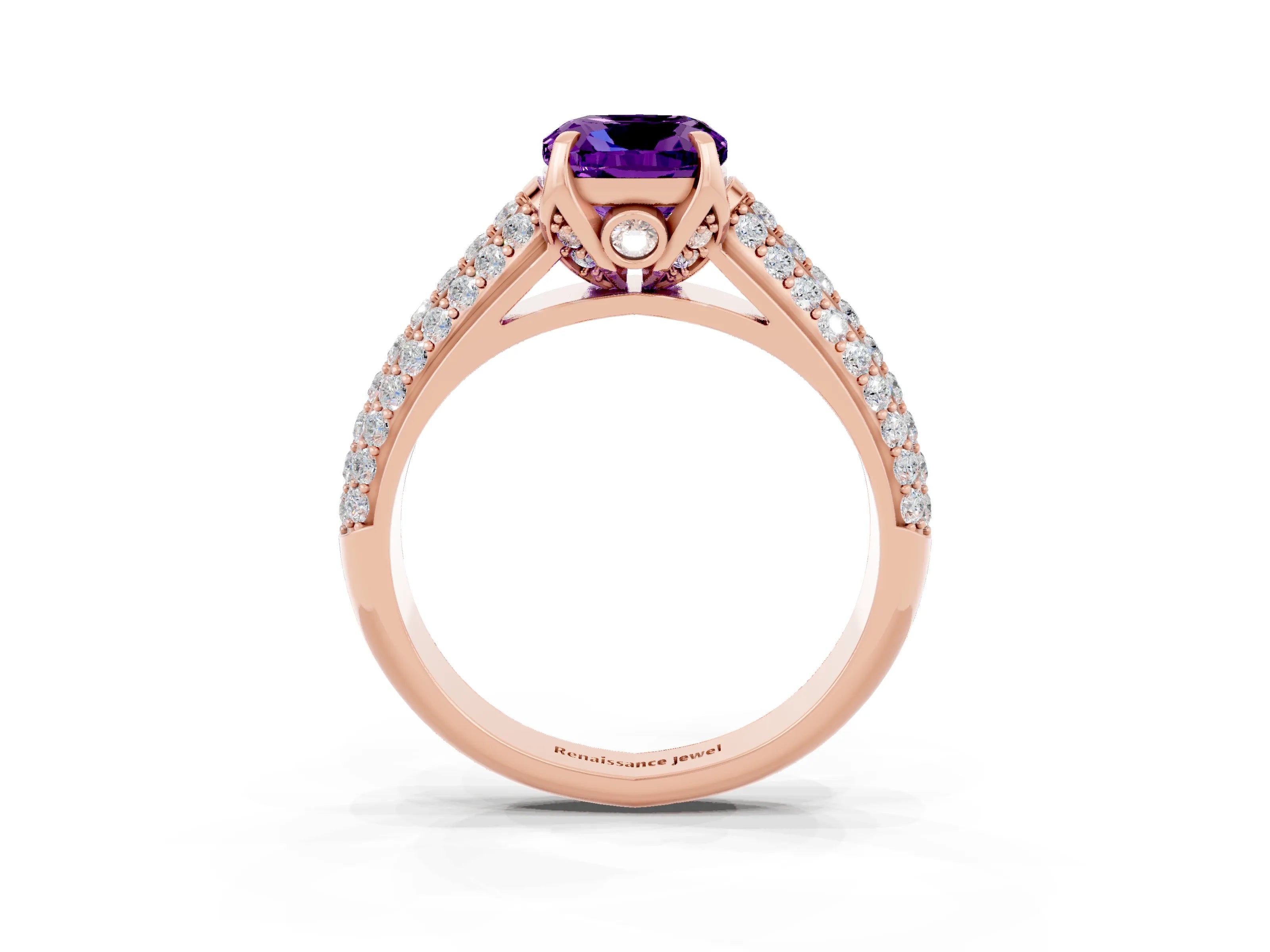 Rose gold Cushion Cut Amethyst Solitaire Ring with Three-Row Pavé Band and Four-Prong Setting_15