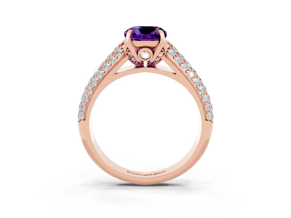 Rose gold Cushion Cut Amethyst Solitaire Ring with Three-Row Pavé Band and Four-Prong Setting