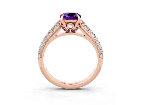 Rose gold Cushion Cut Amethyst Solitaire Ring with Three-Row Pavé Band and Four-Prong Setting_15