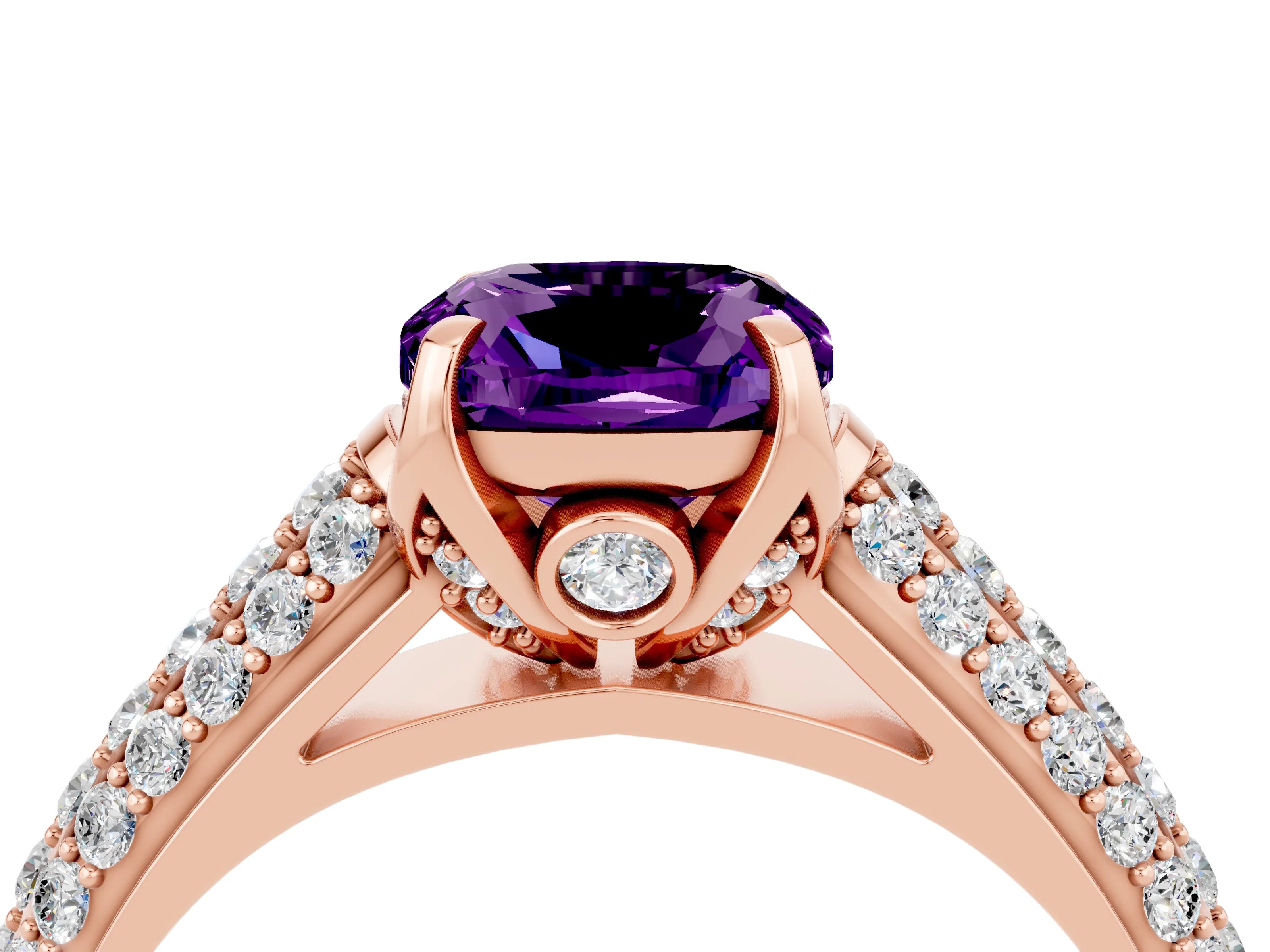Rose gold Cushion Cut Amethyst Solitaire Ring with Three-Row Pavé Band and Four-Prong Setting_16