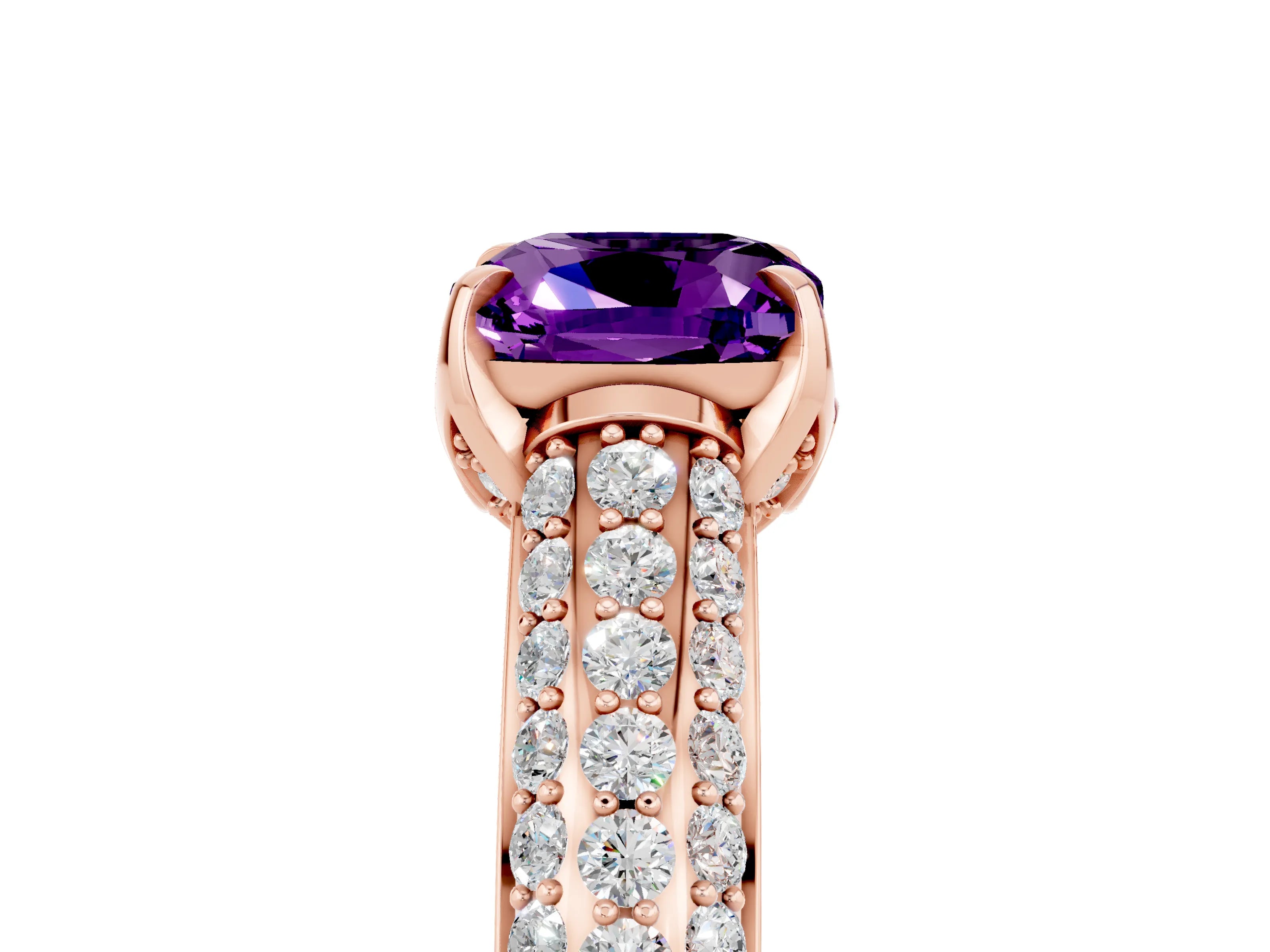 Rose gold Cushion Cut Amethyst Solitaire Ring with Three-Row Pavé Band and Four-Prong Setting_17