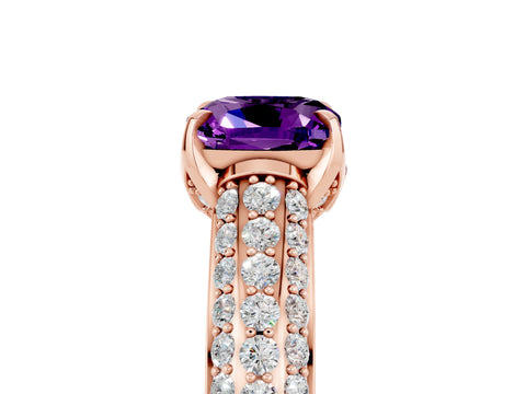 Rose gold Cushion Cut Amethyst Solitaire Ring with Three-Row Pavé Band and Four-Prong Setting_17
