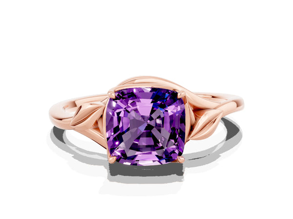 Rose gold Cushion Cut Amethyst Solitaire Ring with Twist Band and Four-Prong Setting