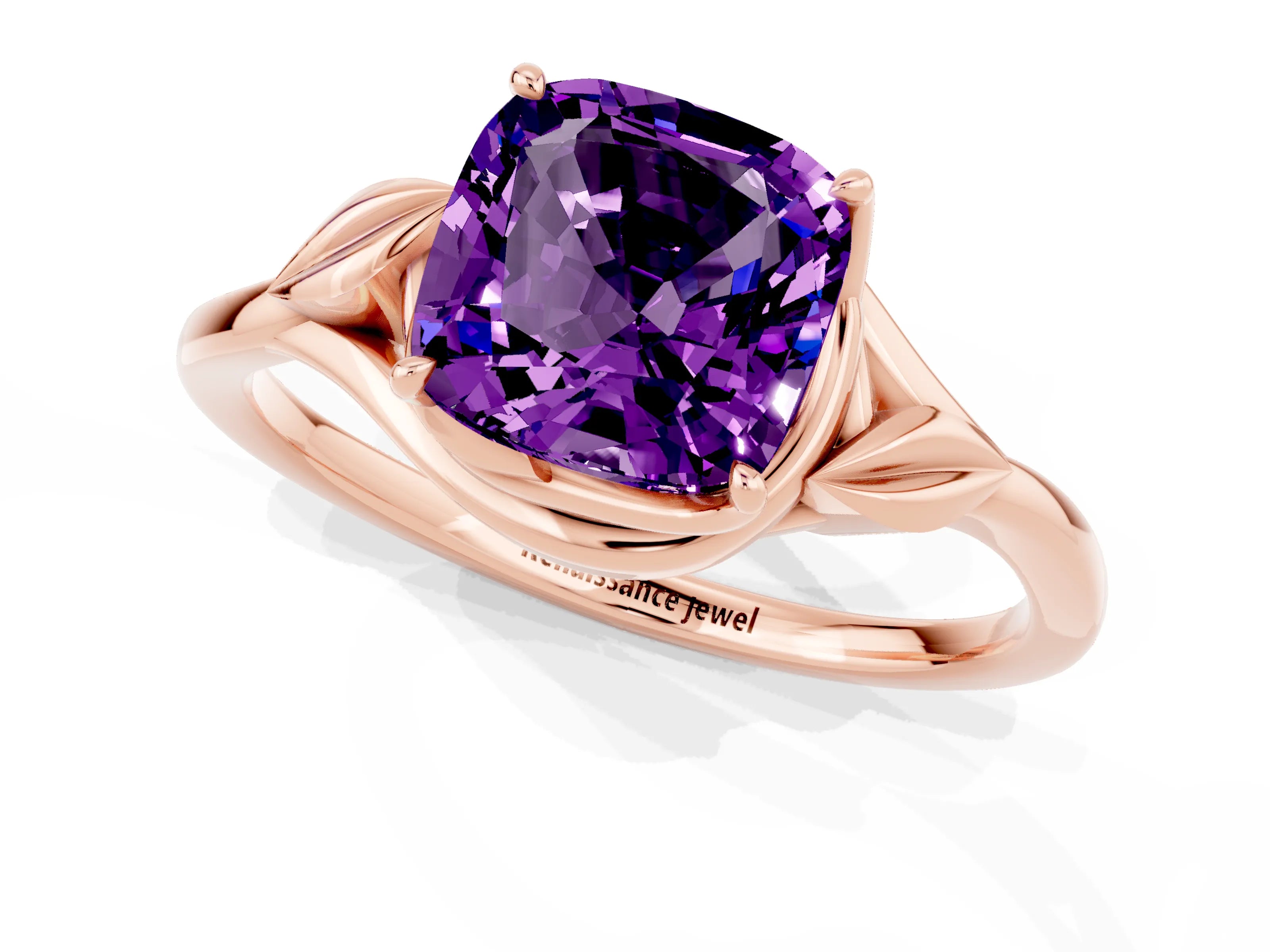 Rose gold Cushion Cut Amethyst Solitaire Ring with Twist Band and Four-Prong Setting_25