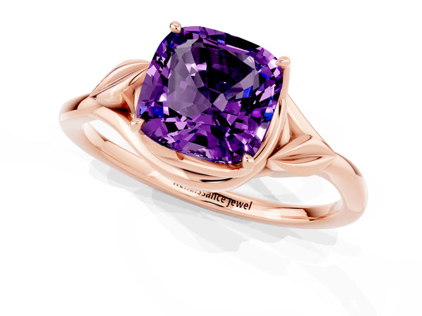 Rose gold Cushion Cut Amethyst Solitaire Ring with Twist Band and Four-Prong Setting