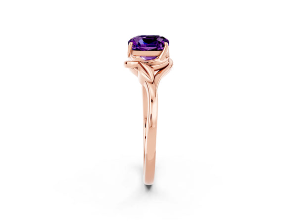 Rose gold Cushion Cut Amethyst Solitaire Ring with Twist Band and Four-Prong Setting
