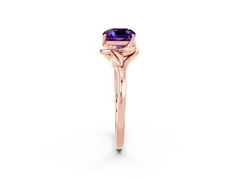 Rose gold Cushion Cut Amethyst Solitaire Ring with Twist Band and Four-Prong Setting_26