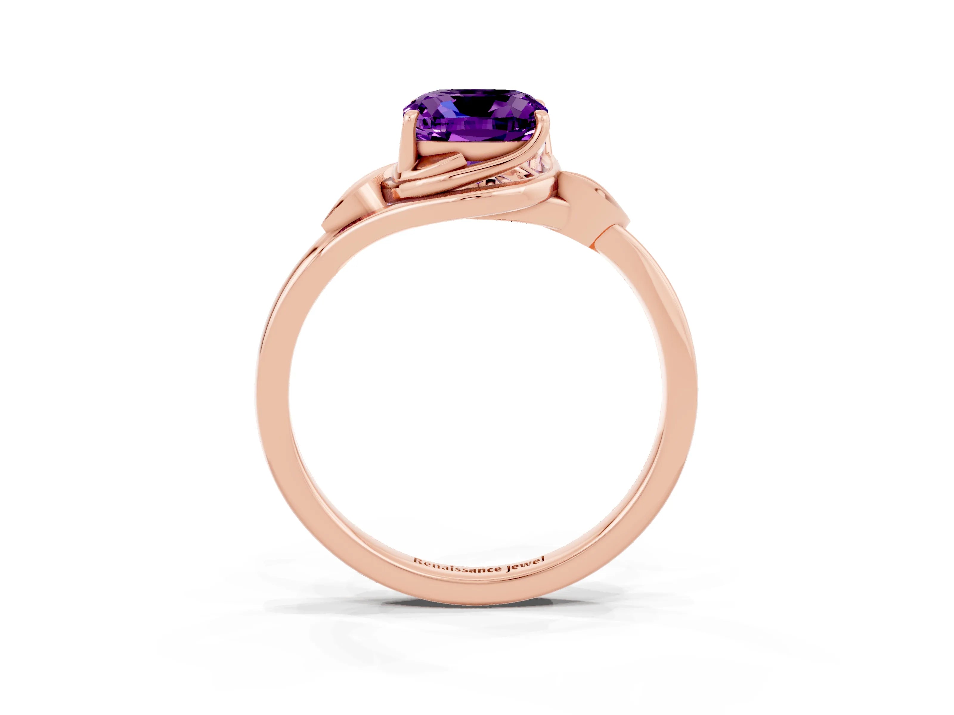 Rose gold Cushion Cut Amethyst Solitaire Ring with Twist Band and Four-Prong Setting_27