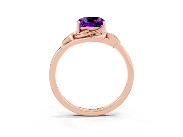 Rose gold Cushion Cut Amethyst Solitaire Ring with Twist Band and Four-Prong Setting