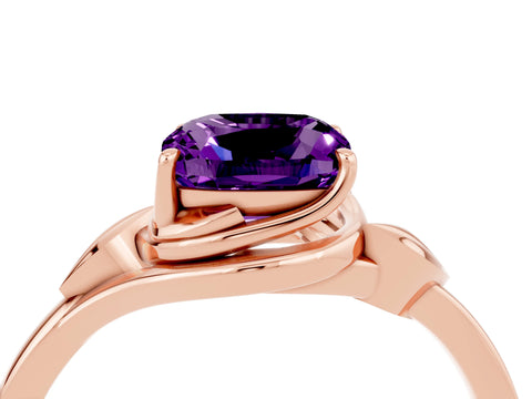 Rose gold Cushion Cut Amethyst Solitaire Ring with Twist Band and Four-Prong Setting_28