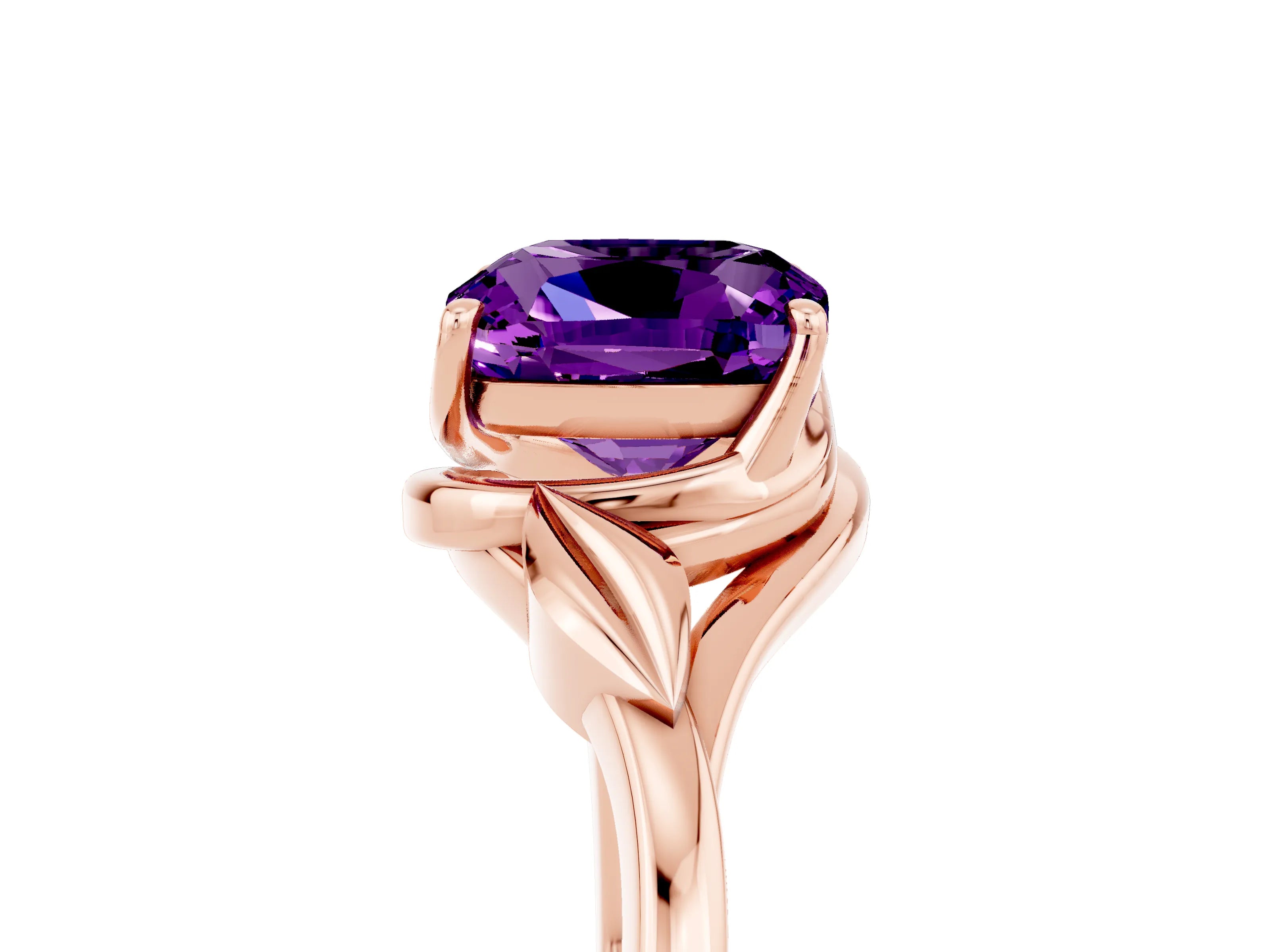 Rose gold Cushion Cut Amethyst Solitaire Ring with Twist Band and Four-Prong Setting_29