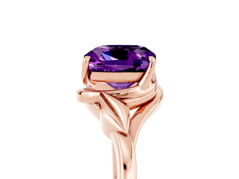 Rose gold Cushion Cut Amethyst Solitaire Ring with Twist Band and Four-Prong Setting_29