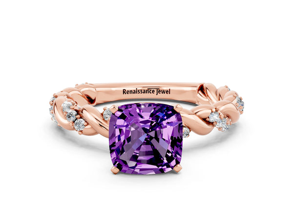 Rose gold Cushion Cut Amethyst Solitaire Ring with Twisted Band and Pavé Accents