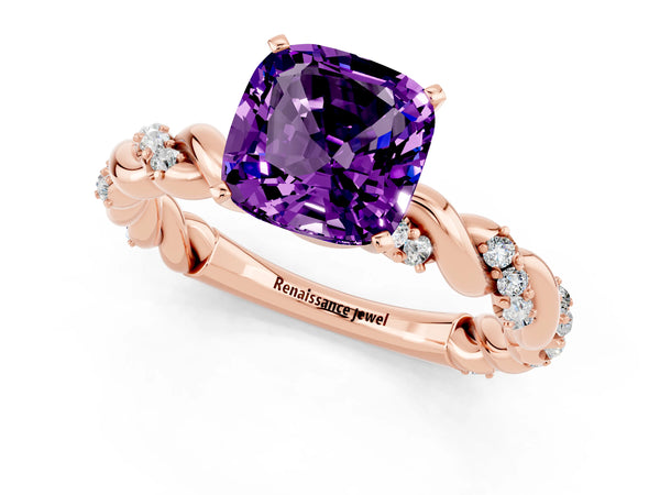 Rose gold Cushion Cut Amethyst Solitaire Ring with Twisted Band and Pavé Accents