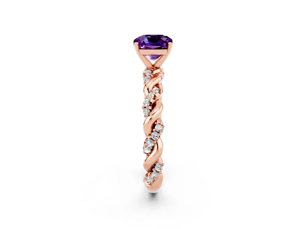 Rose gold Cushion Cut Amethyst Solitaire Ring with Twisted Band and Pavé Accents