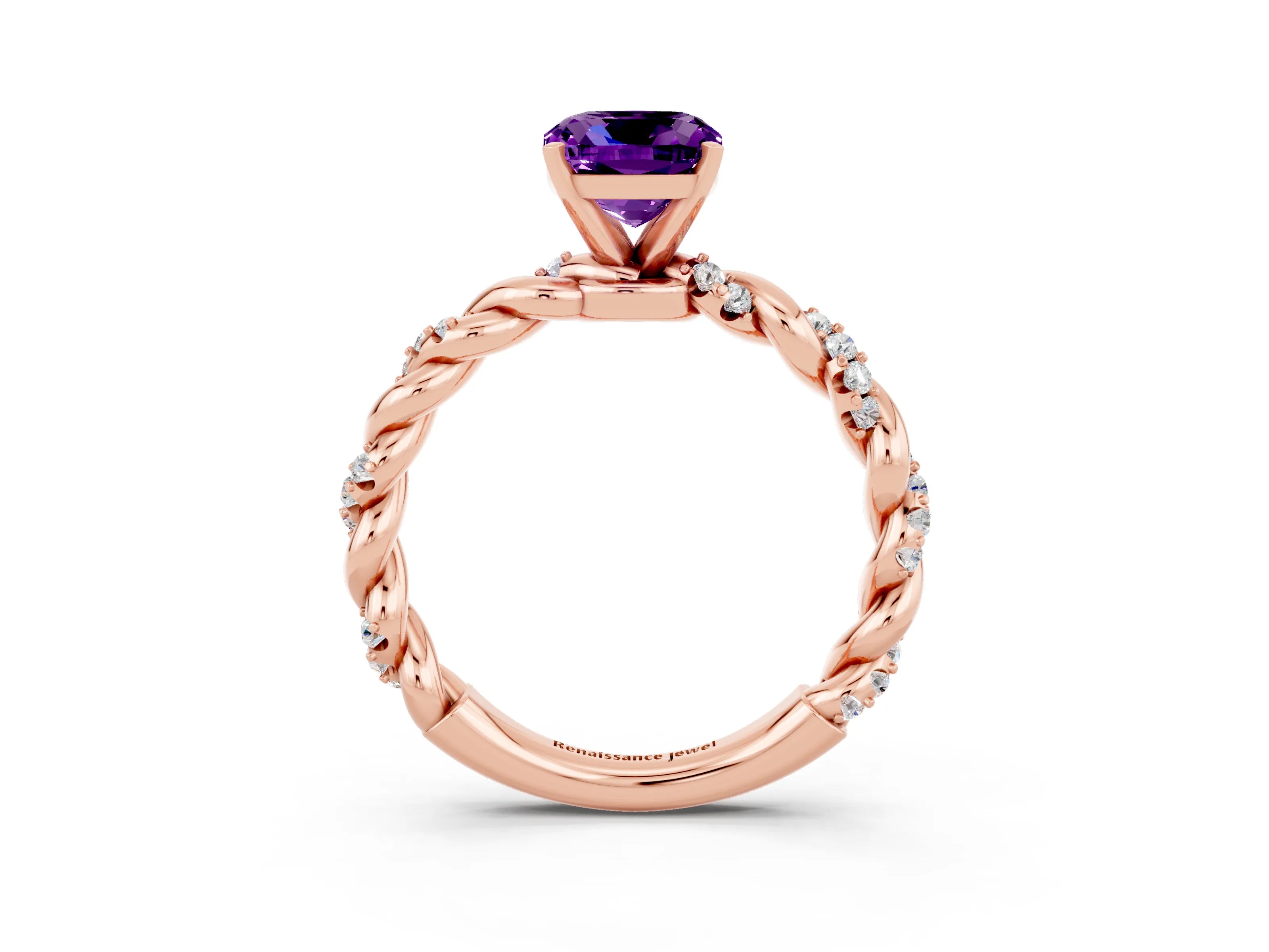 Rose gold Cushion Cut Amethyst Solitaire Ring with Twisted Band and Pavé Accents_3