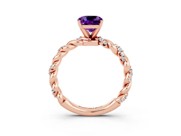 Rose gold Cushion Cut Amethyst Solitaire Ring with Twisted Band and Pavé Accents