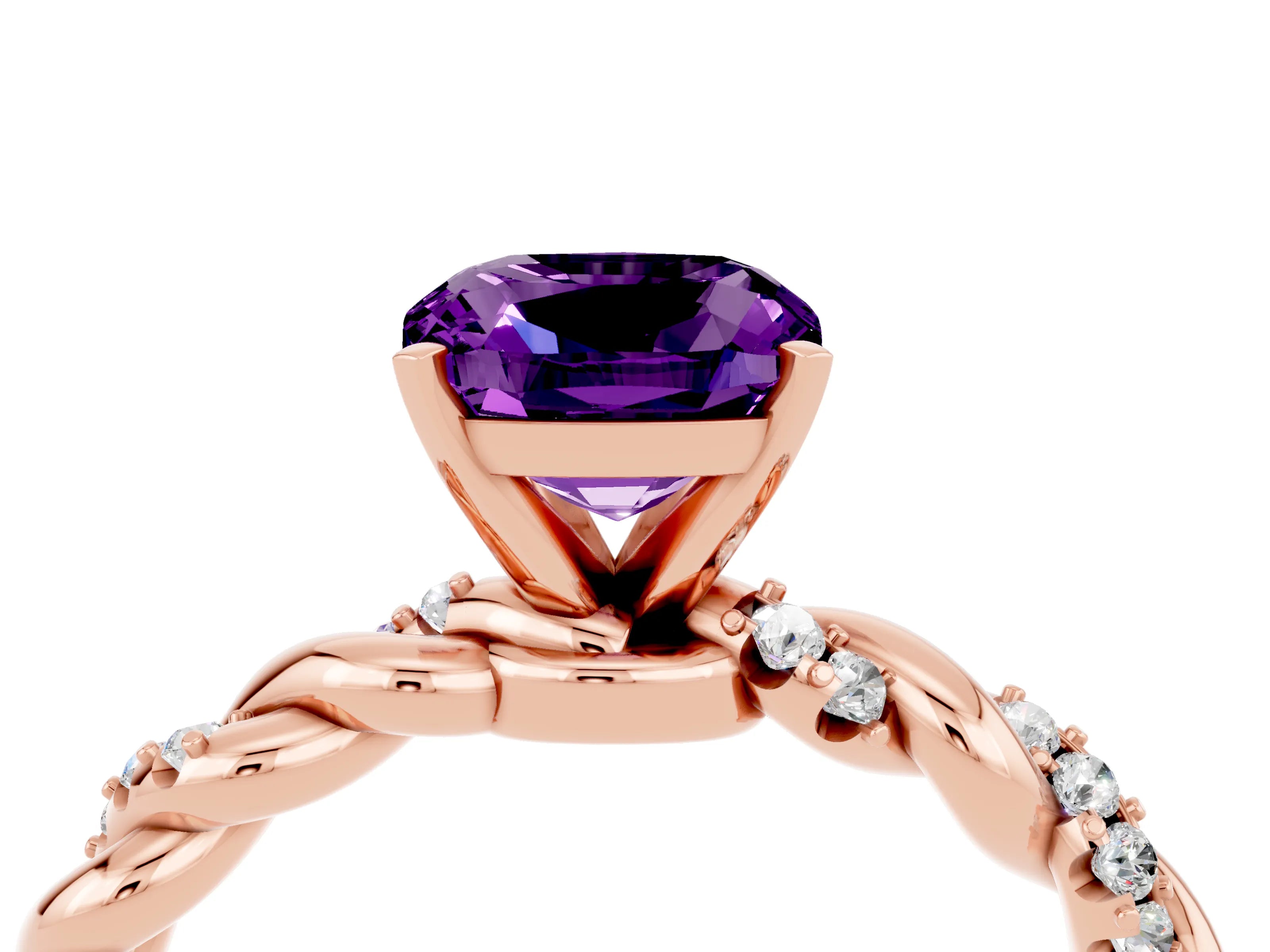 Rose gold Cushion Cut Amethyst Solitaire Ring with Twisted Band and Pavé Accents_4