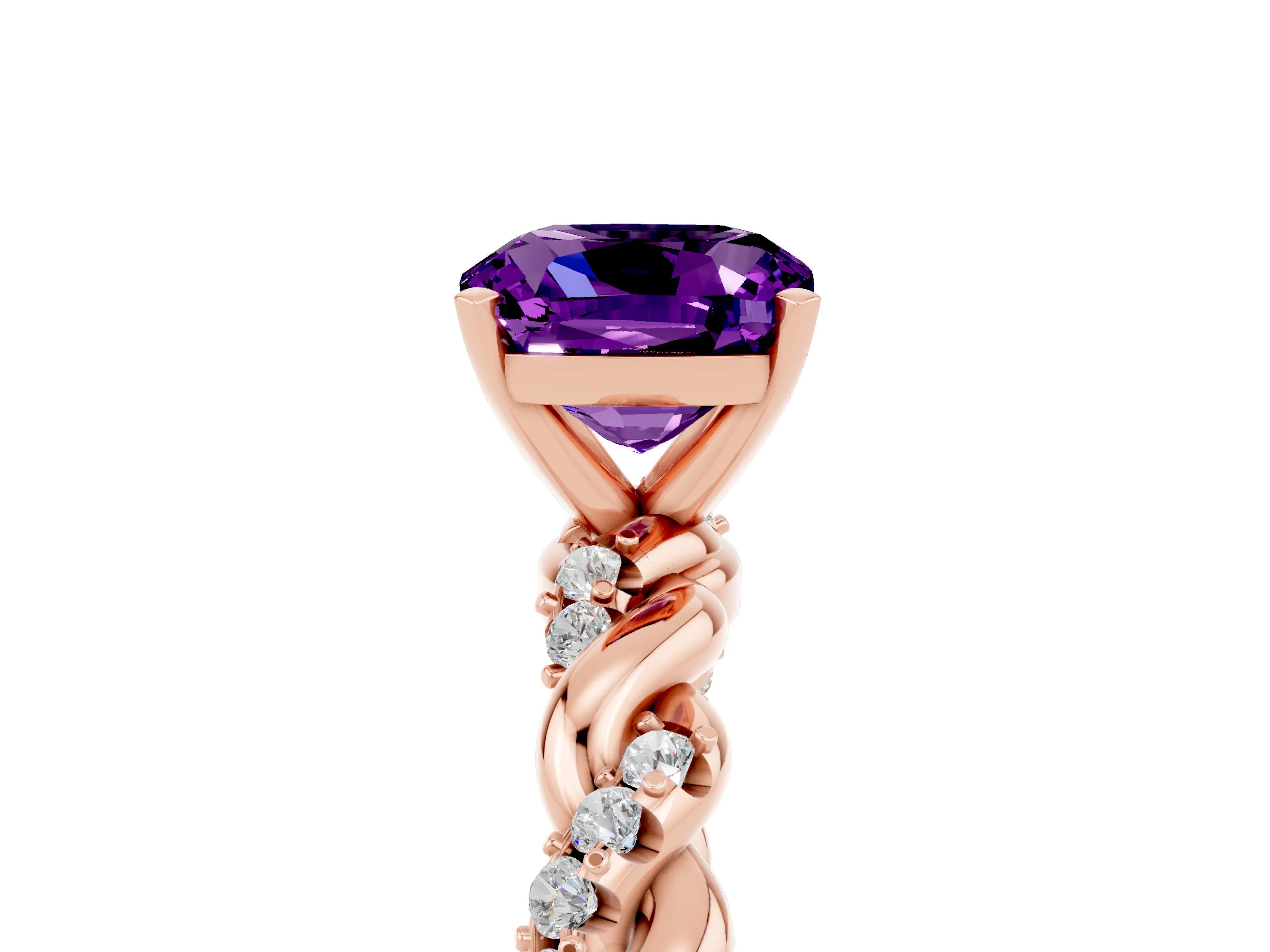 Rose gold Cushion Cut Amethyst Solitaire Ring with Twisted Band and Pavé Accents_5