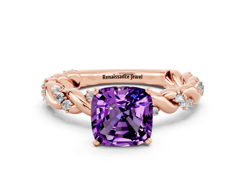 Rose gold Cushion Cut Amethyst Solitaire Ring with Twisted Band and Pavé Accents
