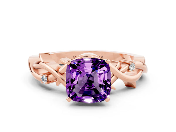 Rose gold Cushion Cut Amethyst Solitaire Ring with Twisted Band and Prong Setting
