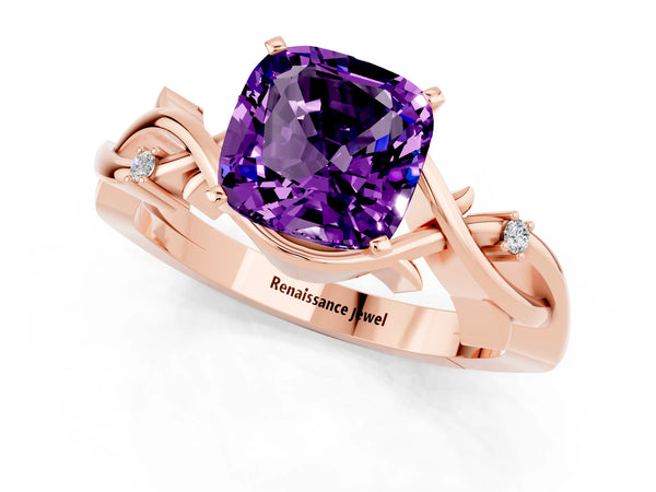 Rose gold Cushion Cut Amethyst Solitaire Ring with Twisted Band and Prong Setting