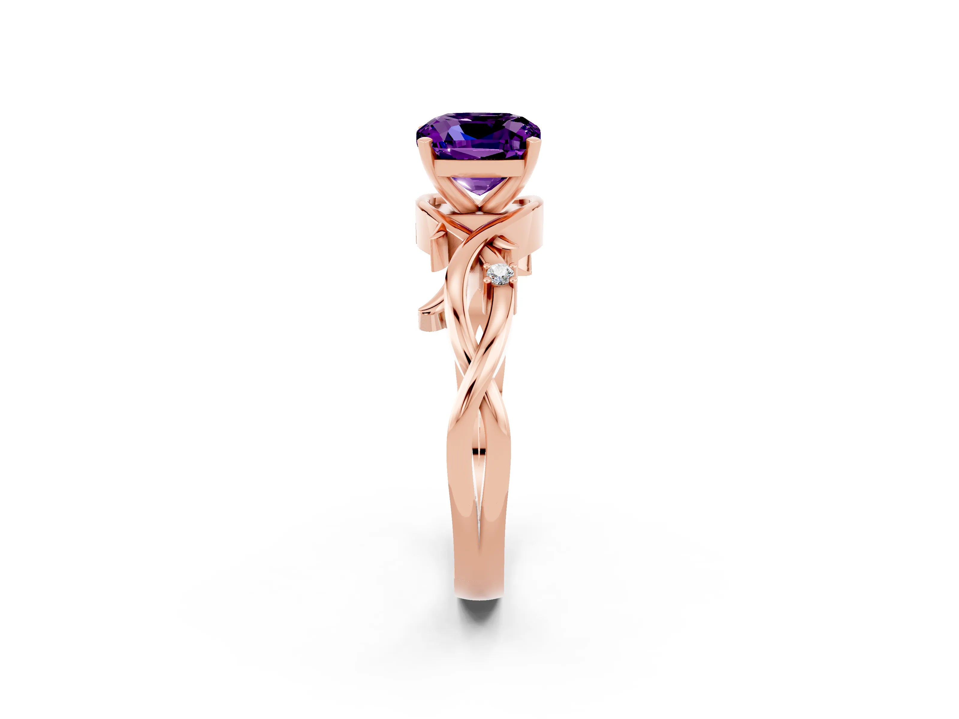 Rose gold Cushion Cut Amethyst Solitaire Ring with Twisted Band and Prong Setting_2