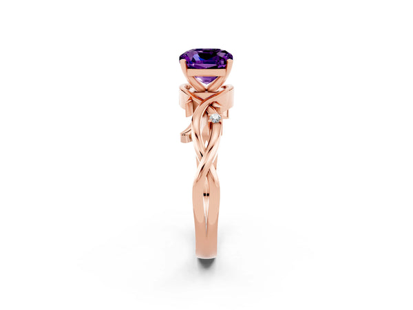 Rose gold Cushion Cut Amethyst Solitaire Ring with Twisted Band and Prong Setting