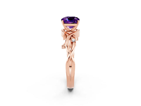 Rose gold Cushion Cut Amethyst Solitaire Ring with Twisted Band and Prong Setting_2