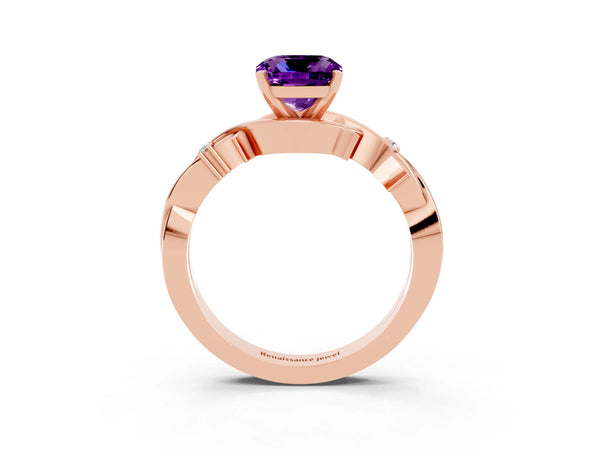Rose gold Cushion Cut Amethyst Solitaire Ring with Twisted Band and Prong Setting