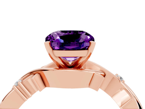 Rose gold Cushion Cut Amethyst Solitaire Ring with Twisted Band and Prong Setting_4