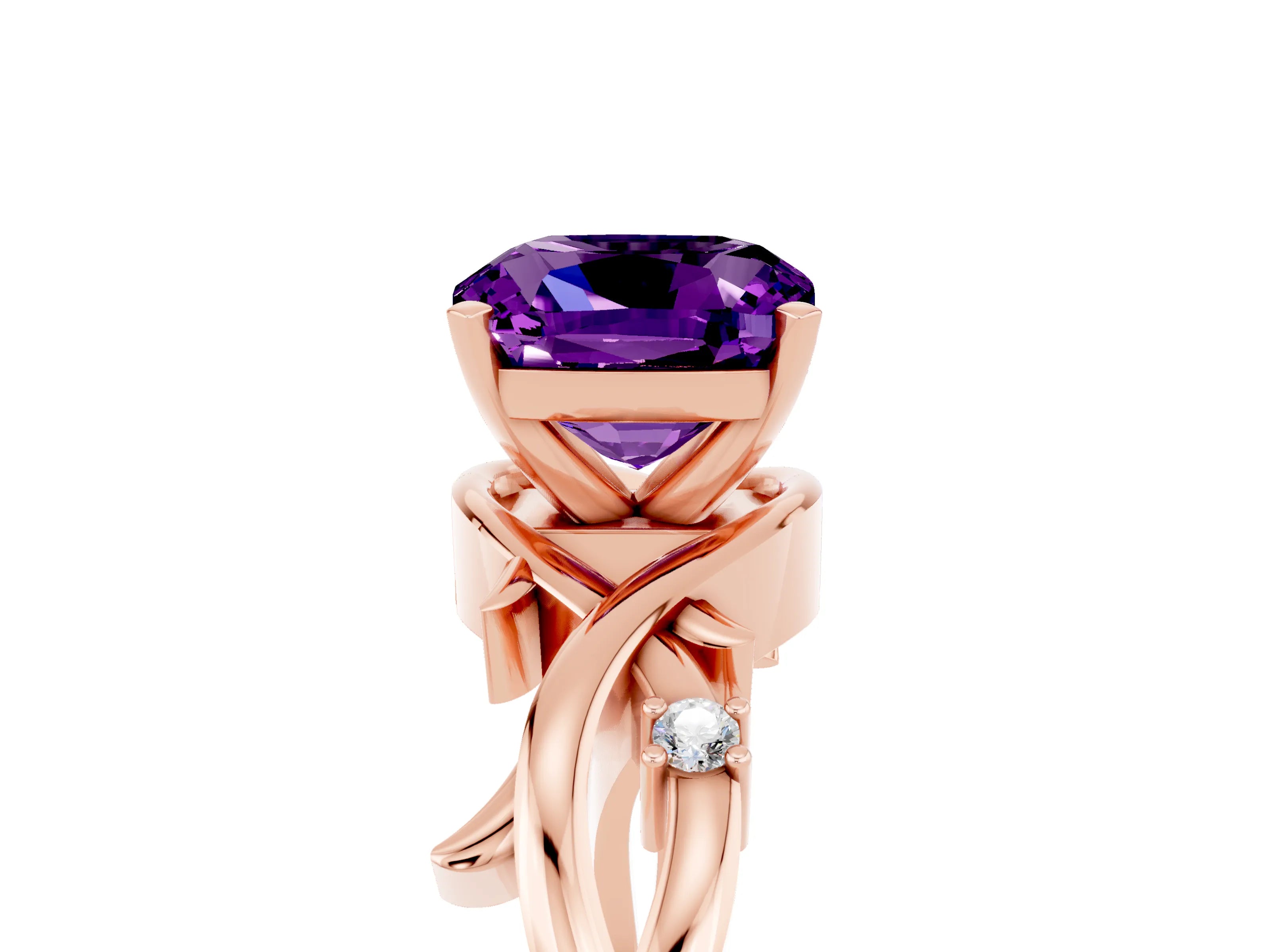 Rose gold Cushion Cut Amethyst Solitaire Ring with Twisted Band and Prong Setting_5