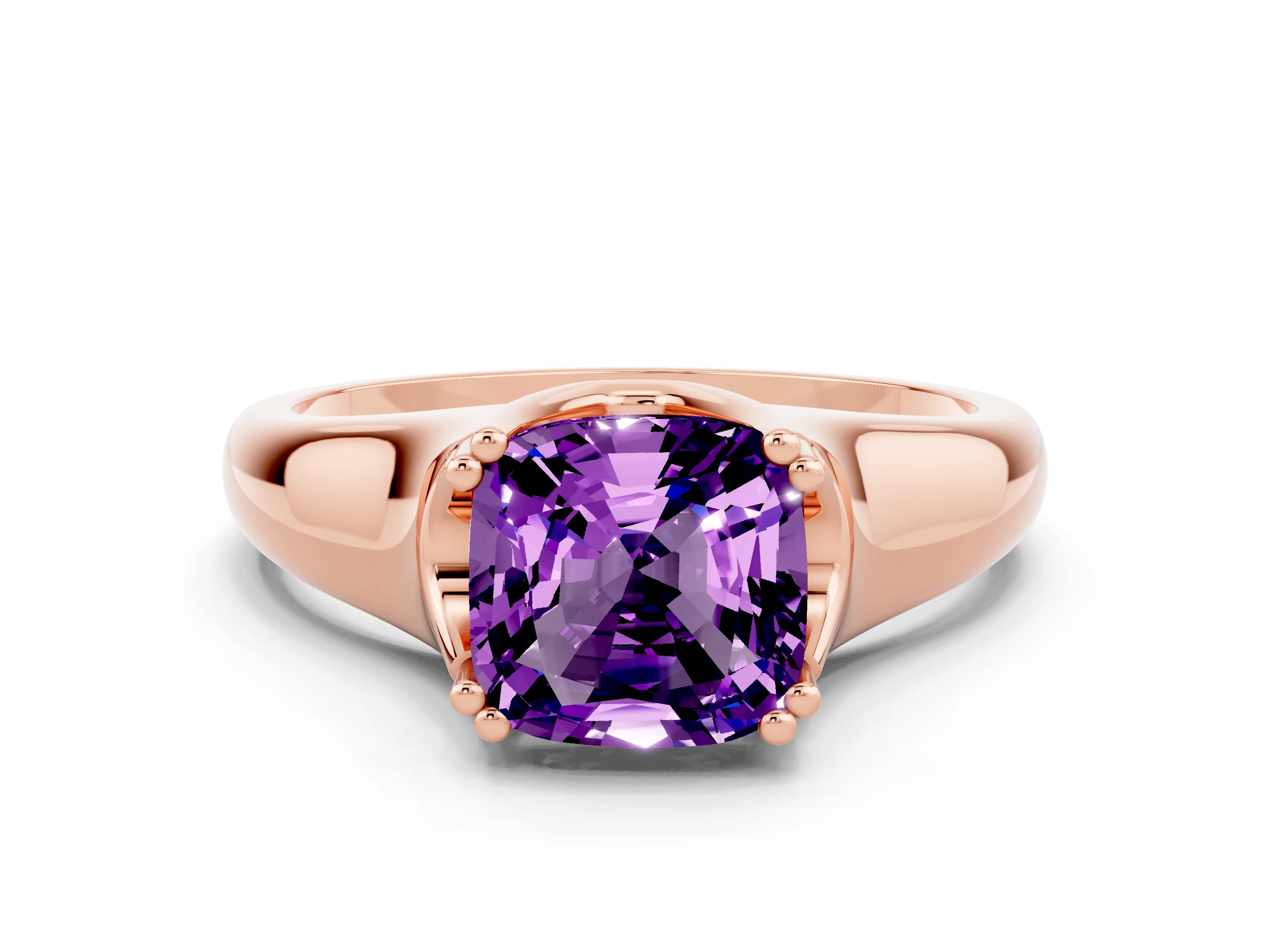 Rose gold Cushion Cut Amethyst Solitaire Ring with Wide Band and Prong Setting