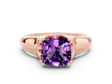 Rose gold Cushion Cut Amethyst Solitaire Ring with Wide Band and Prong Setting