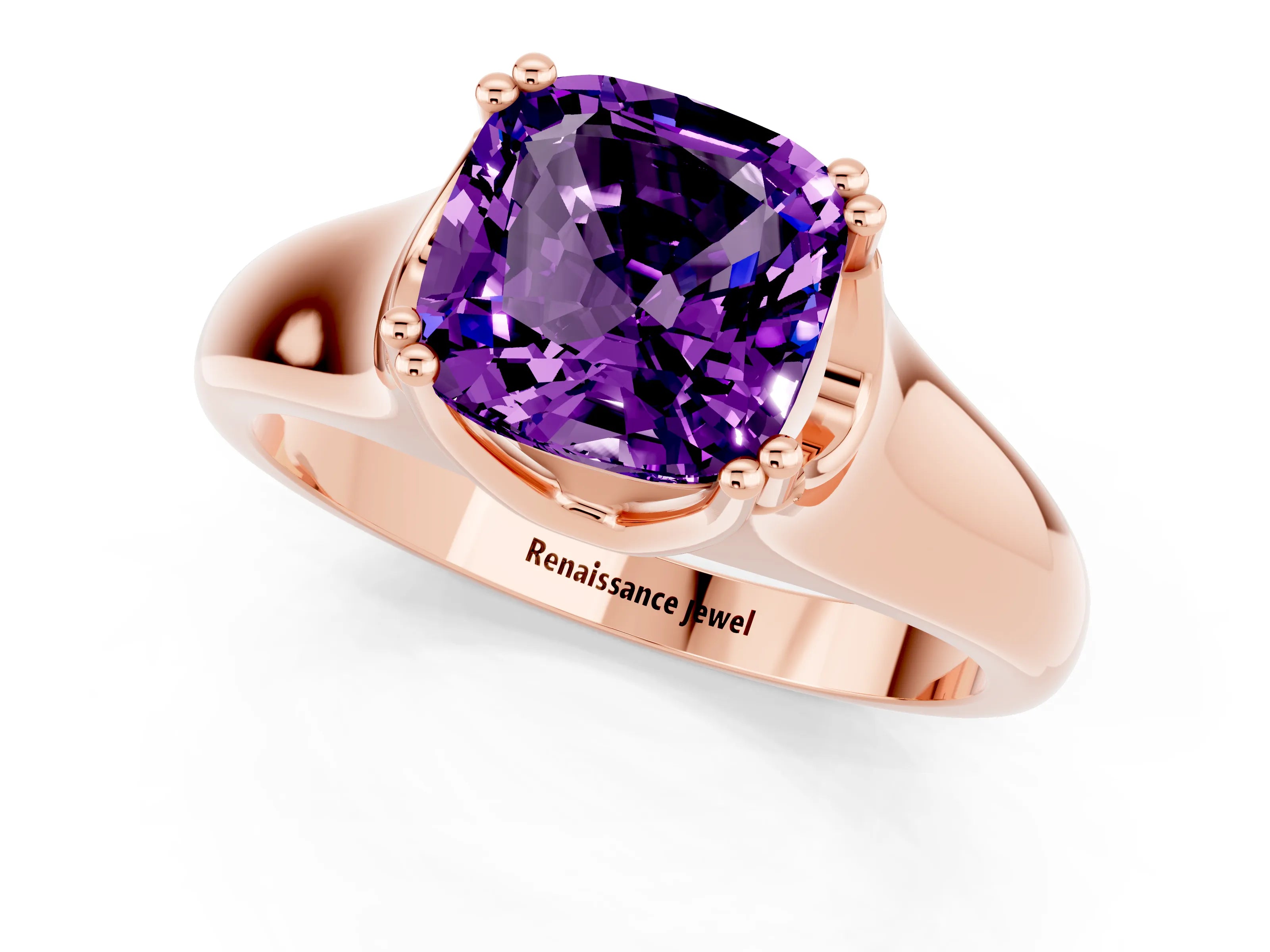Rose gold Cushion Cut Amethyst Solitaire Ring with Wide Band and Prong Setting_1