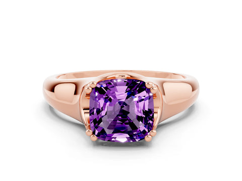 Rose gold Cushion Cut Amethyst Solitaire Ring with Wide Band and Prong Setting